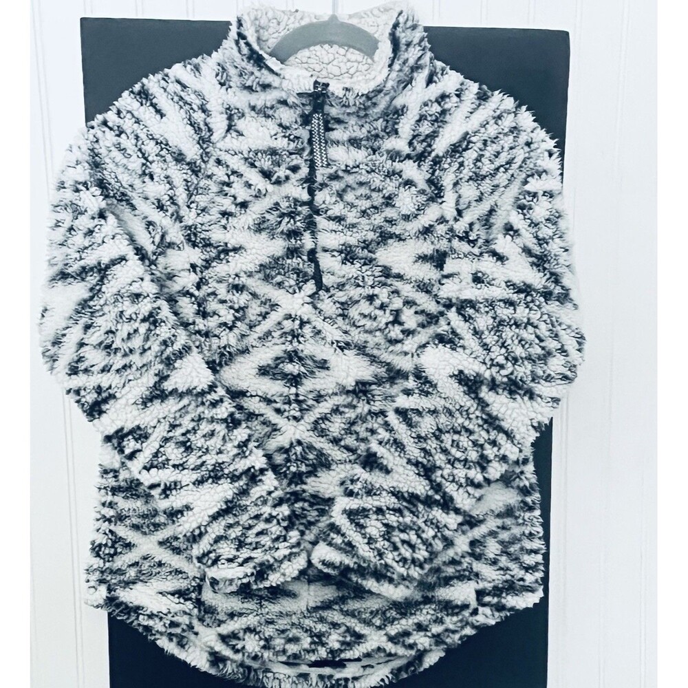 Cozy Sherpa Women's Quarter Zip Teddy Fleece Pullover Black White Size Medium